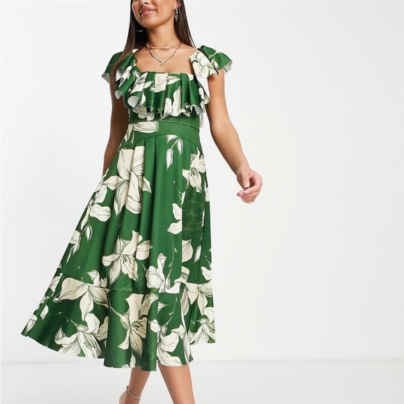 BNWOT ASOS DESIGN extreme frill square neck midi dress green floral print Size 6 - Picture 1 of 13